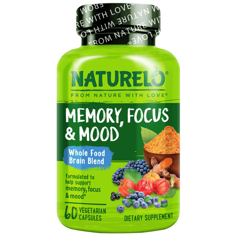 NATURELO Whole Food Brain Supplement for Focus Support, 60 Capsules | Memory and focus supplements, for adults, vegetarian capsules, cognitive health supplement, high potency Aronia berry extract 60 Count (Pack of 1)