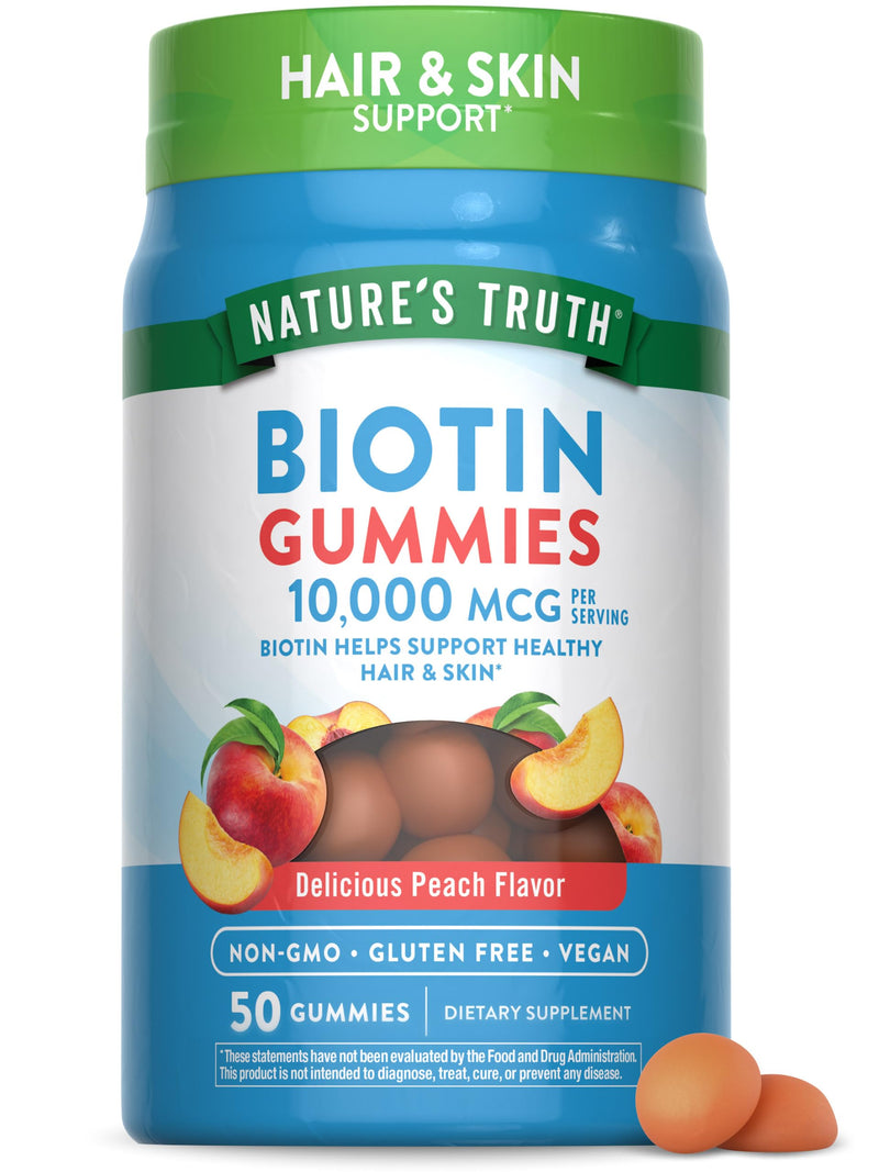 Nature's Truth Biotin Gummies | 10000mcg | 50 Count | Vegan, Non-GMO & Gluten Free Supplement | Peach Flavor 50 Count (Pack of 1)