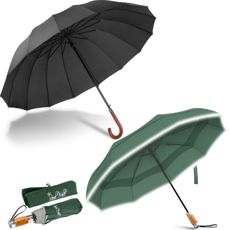Royal Walk Large Umbrella for Rain, Windproof Folding Travel Umbrella with Vented Canopy, Genuine Wood Handle, Automatic Open Close, Reflective Strip for Safety in the Dark