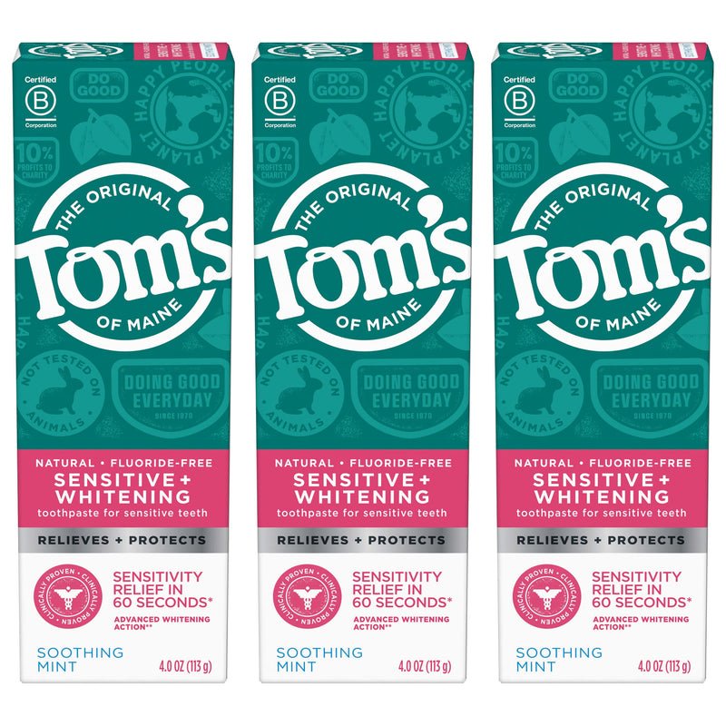 [Australia] - Tom's of Maine Sensitive + Whitening Fluoride Free Toothpaste,Soothing Mint 4.0 oz 3-Pack 4 Ounce (Pack of 3) 