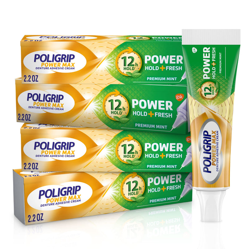 [Australia] - Super Poligrip Power Max Power Hold + Fresh Denture Cream, Premium Peppermint - 2.2 oz x 4 Bonding adhesives 