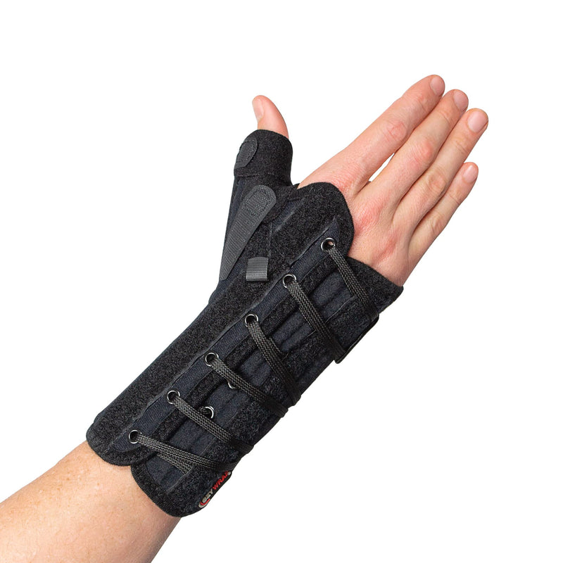Ultimate Thumb Brace Orthosis – Compression Thumb and Wrist Support Brace with Lacing Pull Tabs & Removable Stays – Breathable & Hypoallergenic Design (Left - X-Large) Left