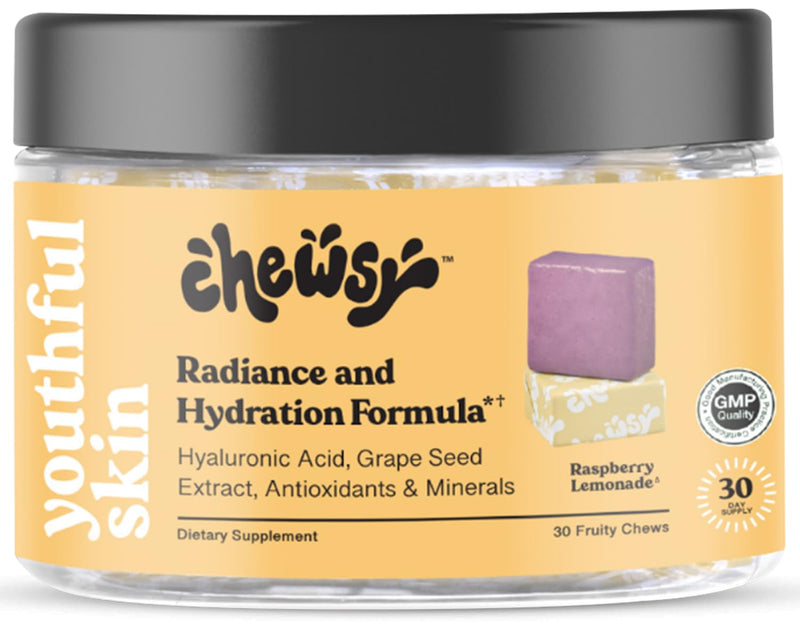 Youthful Skin, Fruity Chews Vitamins, Radiance & Hydration Formula, Hyaluronic Acid, Grape Seed Extract, Antioxidants & Minerals, Vitamins Raspberry Lemonade Flavor 30-Day Supply Youthful Skin 30 Count (Pack of 1)