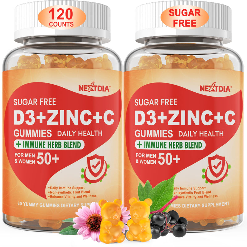 Vitamin C + D3 + Zinc Immune Support Gummies for Adults 50 Plus Elderberry | Vitamin C + D3 + Zinc Gummies for Adults 50 +, Sugar Free Immune Support Supplement w/ Elderberry, Echinacea, Quercetin,1Pack 60 Count (Pack of 2)
