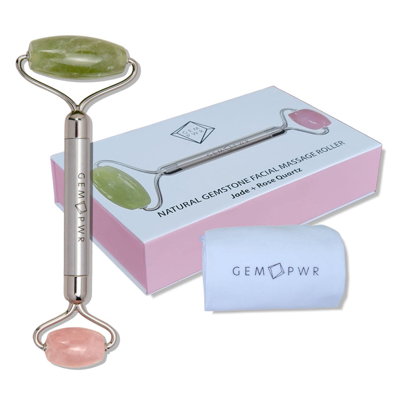 [Australia] - Rose Quartz + Jade Roller for Face and Neck Massage, Dual Gemstones with Durable Steel Handle and Travel Bag. Minimize Wrinkles, Reduce Puffiness and Restore Skin's Elasticity and Radiance Jade + Rose Quartz 