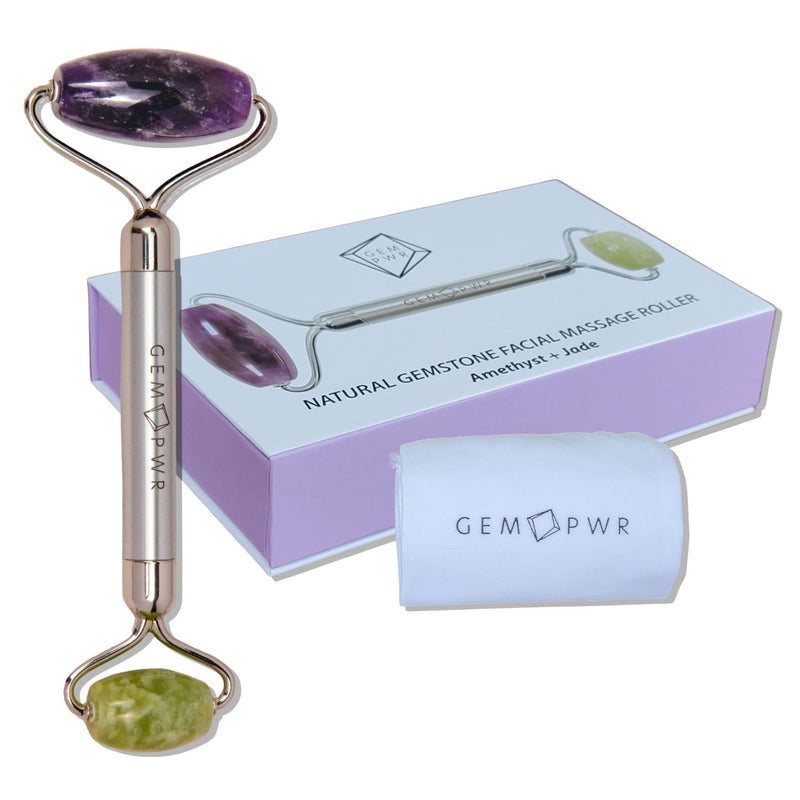 Amethyst + Jade Roller for Face and Neck Massage, Dual Gemstones with Durable Steel Handle and Travel Bag. Minimize Wrinkles, Reduce Puffiness and Restore Skin's Elasticity and Radiance Amethyst + Jade