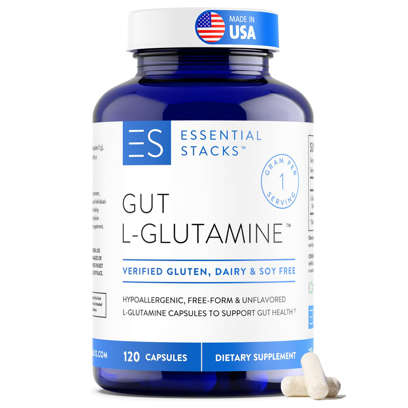 [Australia] - Essential Stacks Gut L-Glutamine Capsules 1000mg (Made in USA) - Gluten, Dairy & Soy Free, Non-GMO L Glutamine for Gut Health - 60 Serves (120 Caps) 