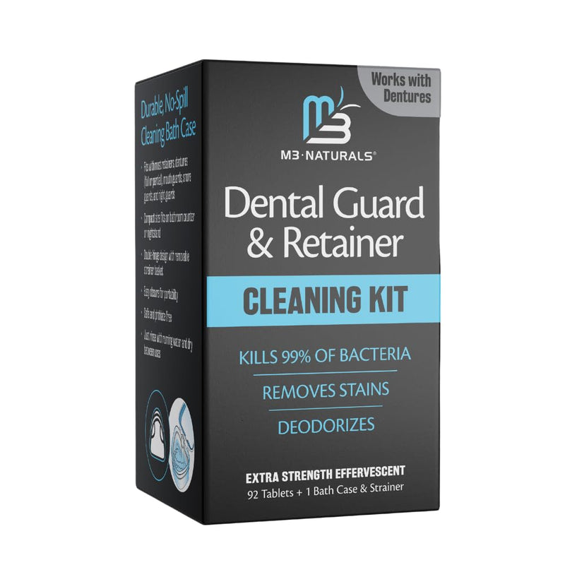 [Australia] - Retainer Cleanser Tablets and Soak Container Universal No Mess Denture Cleaning Tablets and Denture Bath Case Strainer Multipurpose Bath Cup Mouth Guard Cleaner for Stains Odor Plaque by M3 Naturals 
