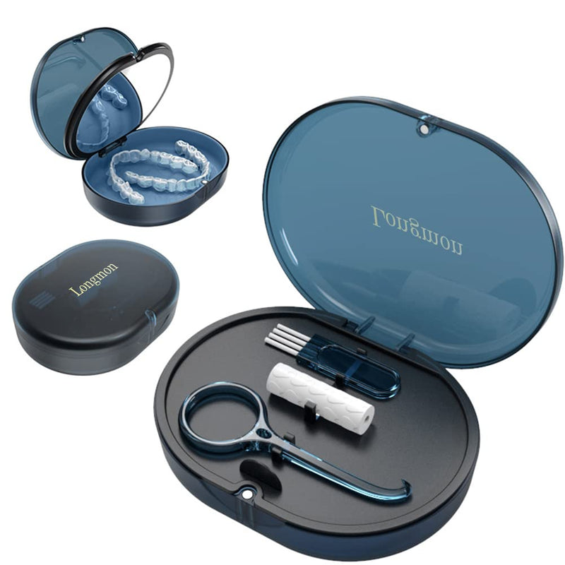 [Australia] - 2 Pack Blue New Double-layer Aligner Case with Belt Chewing,Removal Tool,Cleaning Brush,Built in Mirror Orthodontic Case 