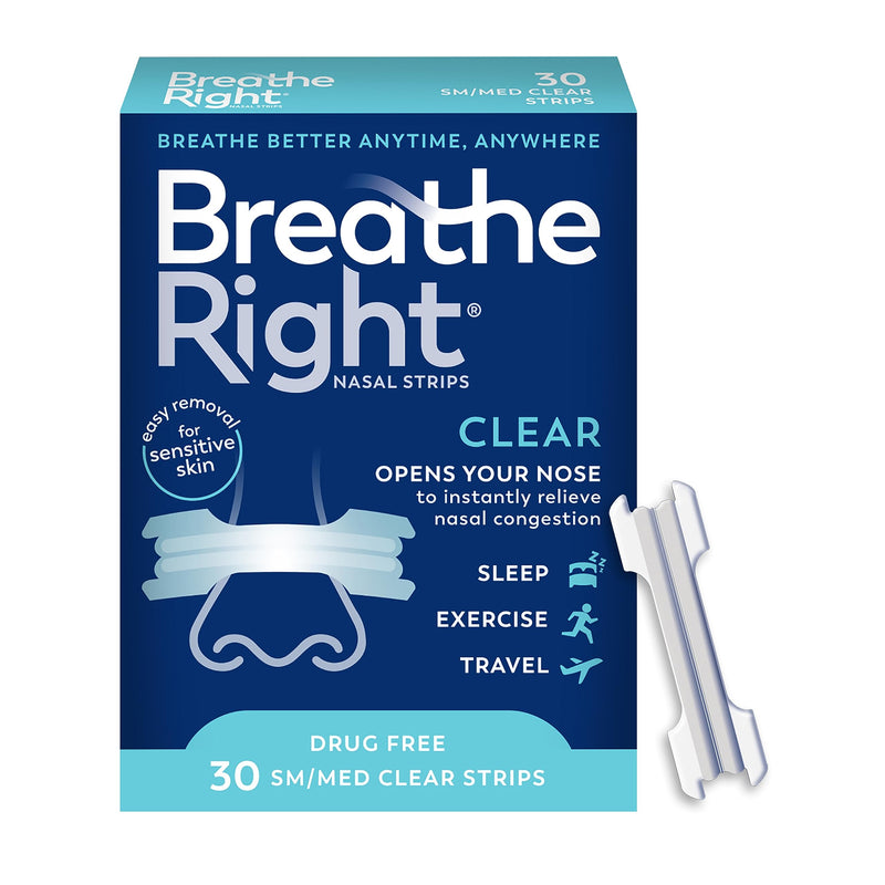 [Australia] - Breathe Right Original Nasal Strips | Clear | Sm/Med | For Sensitive Skin| Drug-Free Snoring Solution & Nasal Congestion Relief Caused by Colds & Allergies | 30 ct (Packaging May Vary) Pack of 1 