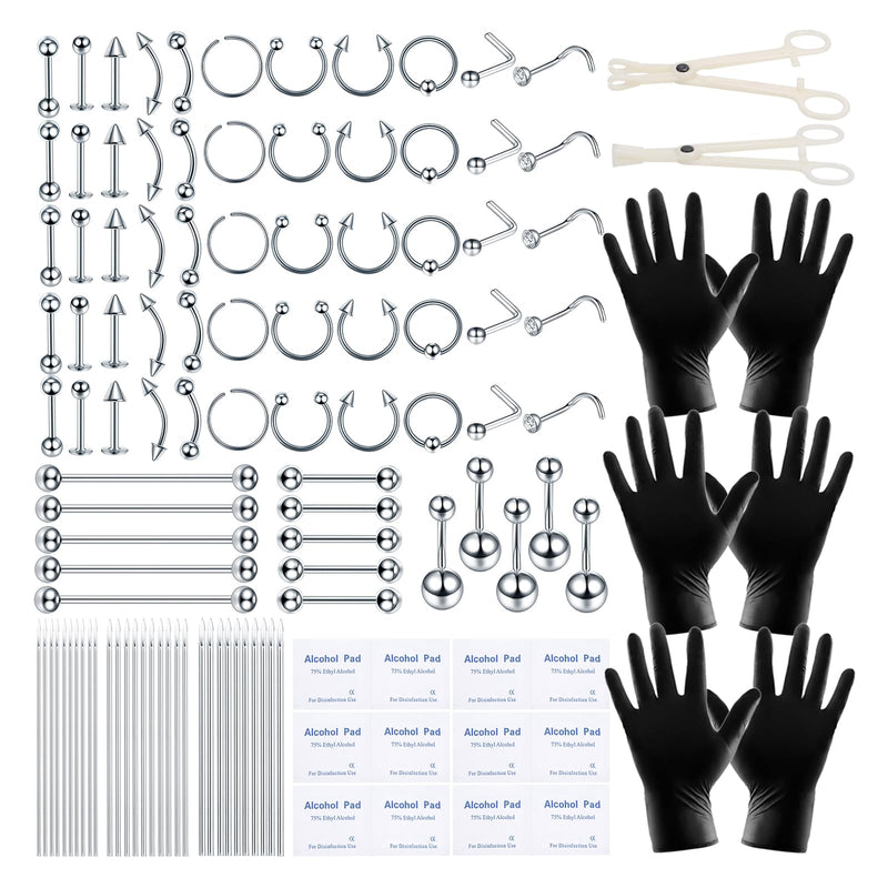 [Australia] - 120PCS Body Piercing Kit Surgical Steel 14G 16G 20G BCR CBR Labret Lip Rings Cartilage Daith Earrings Nose Septum Nose Studs Belly Button Rings Jewelry Needles Gloves Clamps Tools Silver 