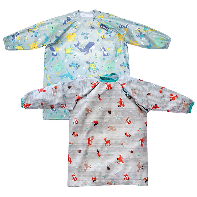 [Australia] - BIBaDO Mess Proof Baby Feeding Bibs, Long Sleeve Weaning Essential 6 to 36 Months Toddler Bib, Waterproof, Machine Washable Woodland & Oceans (2 Pack) 