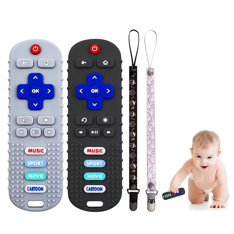 [Australia] - 2-Pack Baby Remote Control Teether Toy for Babies 6-36 Months Silicone Baby Teething Toys Boys Girls Baby Teething Toys (Black + Gray) Black + Gray 