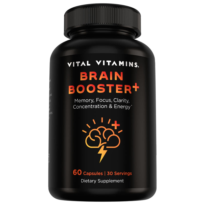 Vital Vitamins Brain Booster Plus for Memory, Focus & Clarity | Five Nootropic Blends with Lion's Mane Mushrooms, Ginkgo & Rhodiola, Vegan, 60 Capsules 60 Count (Pack of 1)