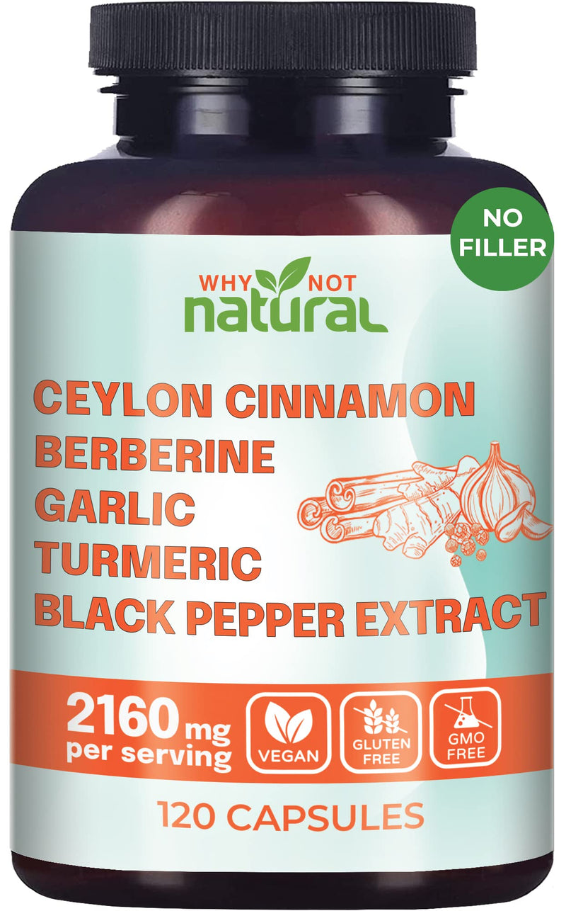 [Australia] - 5-in-1 Organic Ceylon Cinnamon Capsules with Berberine, Garlic, Turmeric, Black Pepper Extract Pills (120 Capsules) 120 Count (Pack of 1) 
