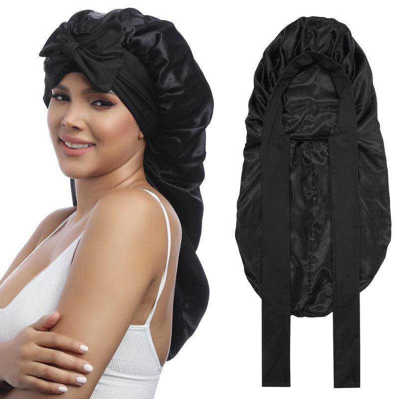 [Australia] - AWAYTR Long Satin Bonnet for Women - Double Layer Elastic Silk Bonnet for Braids Hair Sleeping Cap with Tie Band (Black) One Size Black 