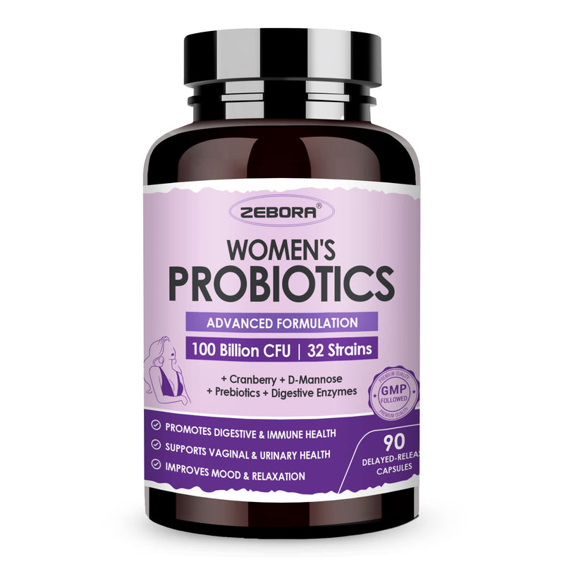 [Australia] - ZEBORA Probiotics for Women Digestive Health with Enzymes & Prebiotics 100 Billion CFUs| Vaginal Probiotics with D Mannose & Cranberry | Urinary Tract Health | Immune Support, 90 Capsules 