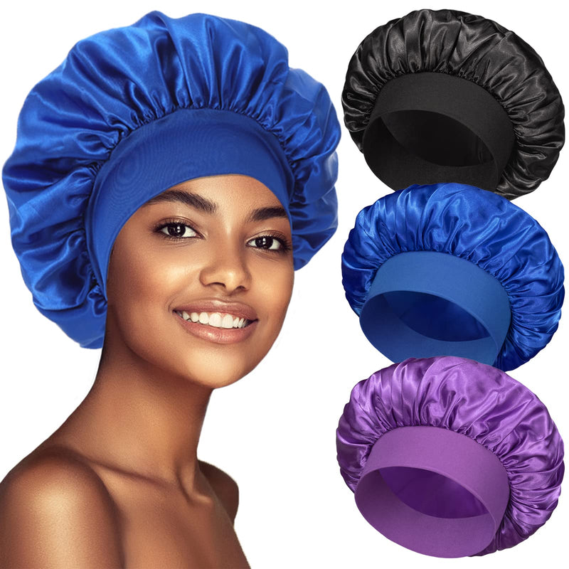 [Australia] - 3 Pack Satin Bonnet Silk Bonnet for Sleeping, Bonnets for Black Women Bonnet for Sleeping Large Sleep Cap, Wide Soft Band Bonnet for Curly Hair Set C 