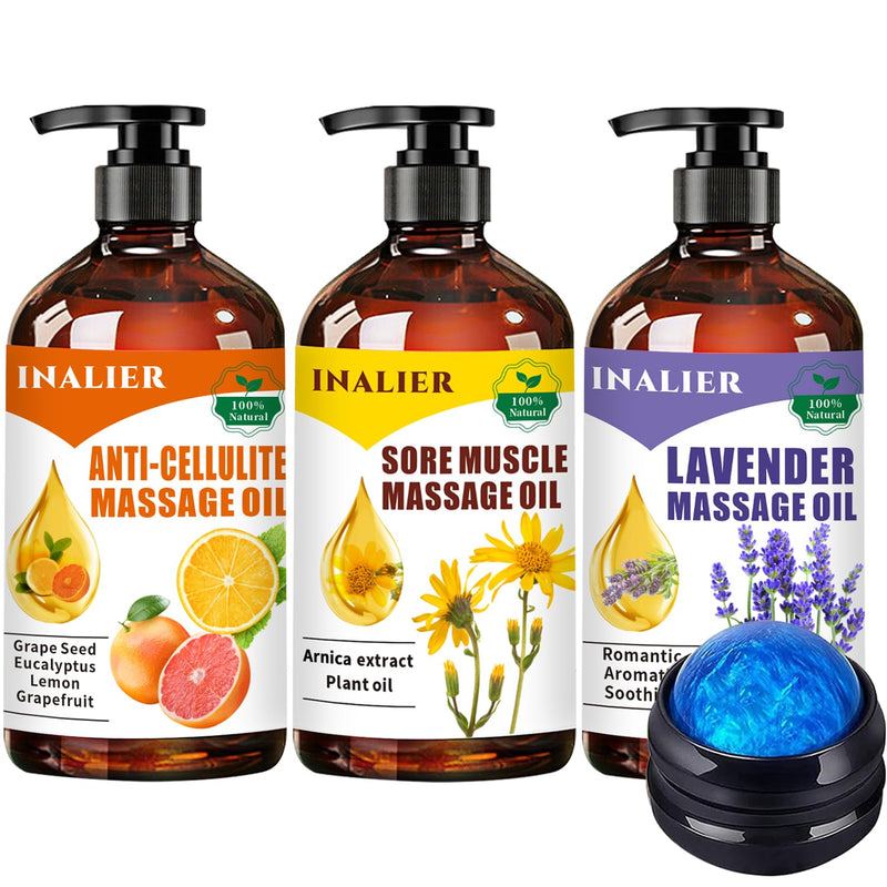 [Australia] - 3 Pack Cellulite,Sore Muscle & Lavender Relaxation Massage Oils with Roller Massage Ball for Father's Day Gifts,Spa Treatment Gift Set for Soothes Sore Muscle. Natural Massage Oils for Date Night Gift 