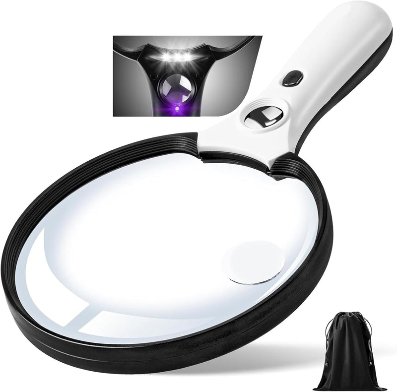 [Australia] - Large Magnifying Glass with Light, Magnifier 10X 20X 45X Handheld Illuminated Lighted Magnifier with 3 LED Lights 1UV Light Storage Bag Clean Cloth for Seniors Reading Inspection (Black) Black 