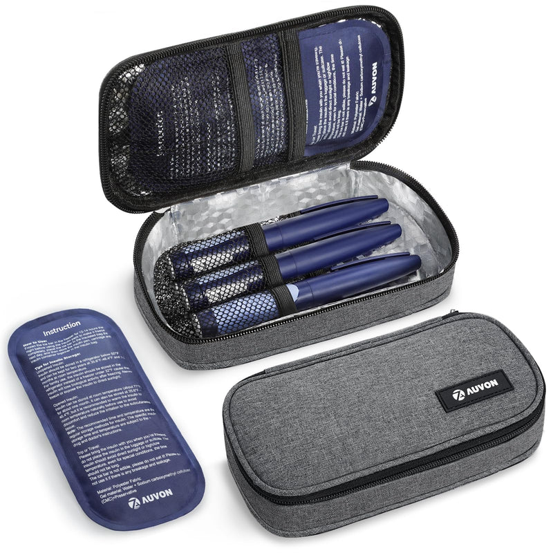 [Australia] - AUVON Portable Insulin Cooler Travel Case, Insulated Diabetic Bag with 2 x 160g Ice Packs for 6-8h Cooling Time, Medication Cooler Bag for Insulin Pens and Blood Glucose Monitor Supplies A-Gray 