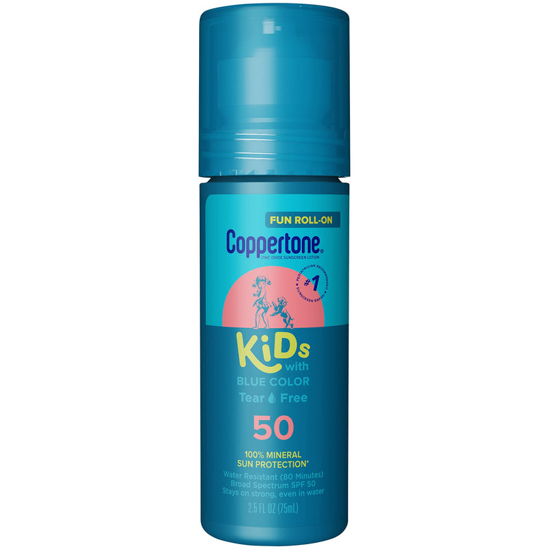 [Australia] - Coppertone Kids Roll On Sunscreen Lotion SPF 50, Kids Sunscreen with Blue Color, Tear Free Sunscreen with Zinc Oxide Sun Protection, 2.5 Fl Oz Tube 