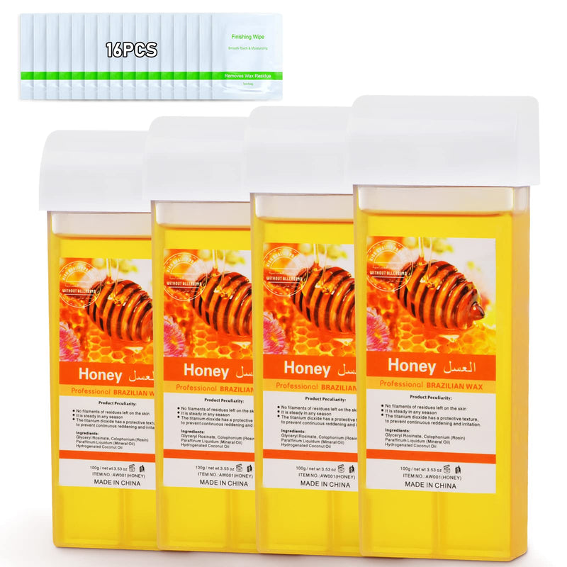 [Australia] - Roll On Wax, Honey Hair Removal Wax Cartridge, Depilatory Wax Roller Refill, 4 Pack - 100% Natural Material, Dermatologically Tested, Easy & Safe to Use, For Body Waxing, Leg and Arms 