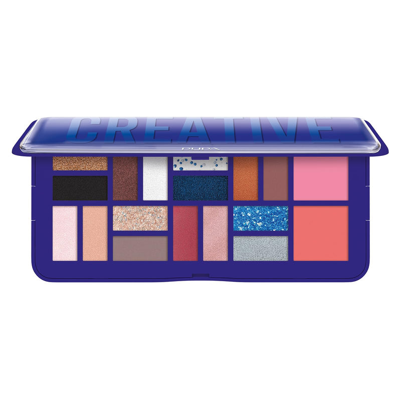 [Australia] - Pupa Milano Make-Up Palette L, 005 Blue, 0.71 oz - 18 Pan Eyeshadow and Blush Palette, Matte, Shimmer, Metallic Finishes - Blendable Velvety Texture Blush Powder - Talc-Free - Eco-Friendly Packaging 
