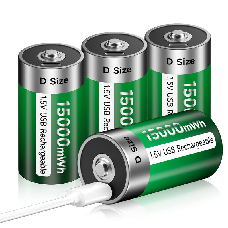 [Australia] - USB D Rechargeable Batteries Lithium 1.5V Constant Output 15000mWh Li-ion D Cell with Type-C Charging Cable,4 Pack 
