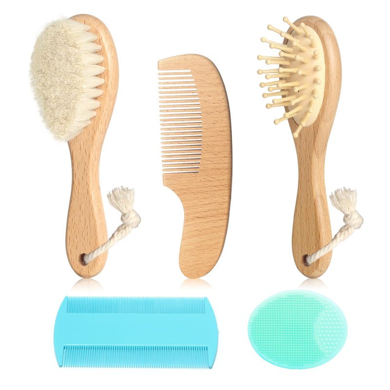 [Australia] - Goat Baby Hair Brush Set, Wooden Comb Massage Scalp Comb, Safe Natural Hair Care Kit, Soft Silicone Bath Brush for Newborns Toddlers (Brush Set+ Green Massager) Group 1 Brush Set+ Green Massager 