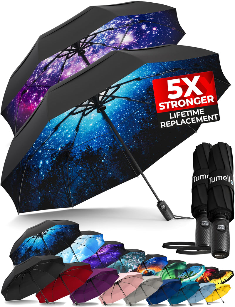 Strongest Windproof Travel Umbrella (Compact, 100MPH Wind-Tested), Light, Portable, One-Handed Use, Automatic Folding Rain Umbrella, Durable, Premium Grip, Fits Car & Backpack Blue Black
