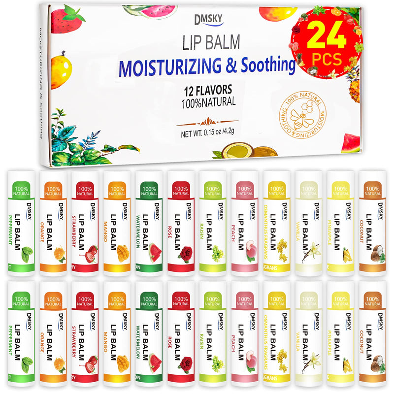 DMSKY 24 Pack Lip Balm Bulk, Natural, 12 Flavors | Hydrates with Vitamin E & Beeswax, Moisturizing Lip Care for Dry Chapped Lips 24 Count