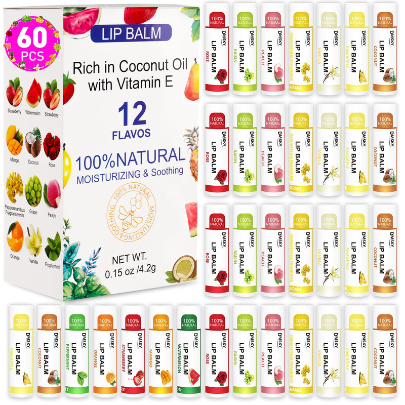 DMSKY 60 Pack Lip Balm Bulk, Natural, 12 Flavors | Hydrates with Vitamin E & Beeswax, Moisturizing Lip Care for Dry Chapped Lips 60 Count