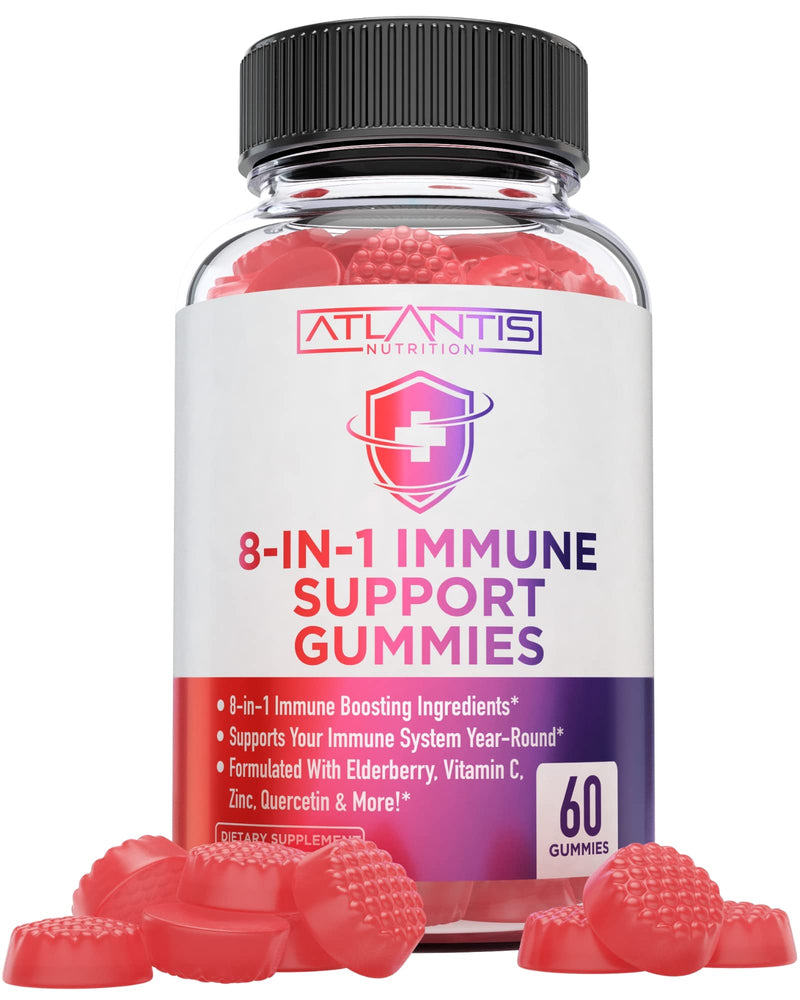 Atlantis Nutrition 8-in-1 Immune Support Gummies with Elderberry | Immune Supplement with Elderberry, Quercetin, Zinc, Vitamin C - Immunity Boosters for Adults & Kids - Delicious Flavor - 60 Count 60 Count (Pack of 1)