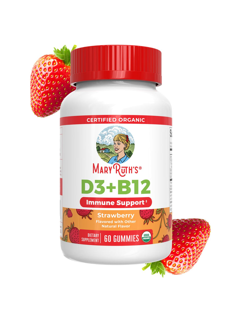 MARYRUTH'S Organic Vitamin D3 + B12 Gummies for Ages 4+, 60 Servings, Vegan | Bone Health, Immune Support, Energy Metabolism, Cognitive Function, Vegan