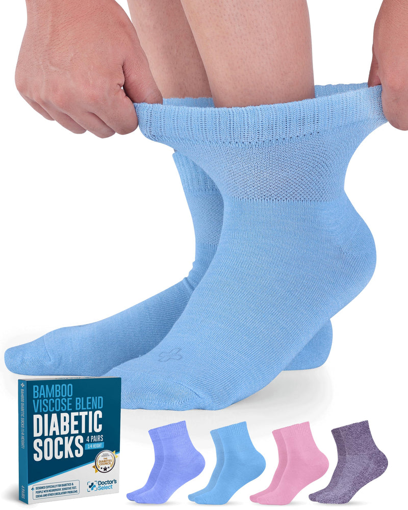 [Australia] - Doctor's Select Bamboo Viscose Diabetic Socks Women & Men - 4 Pairs Ankle Length Womens Diabetic Socks | Non Binding Socks Large Light Blue, Blue, Purple, Pink 