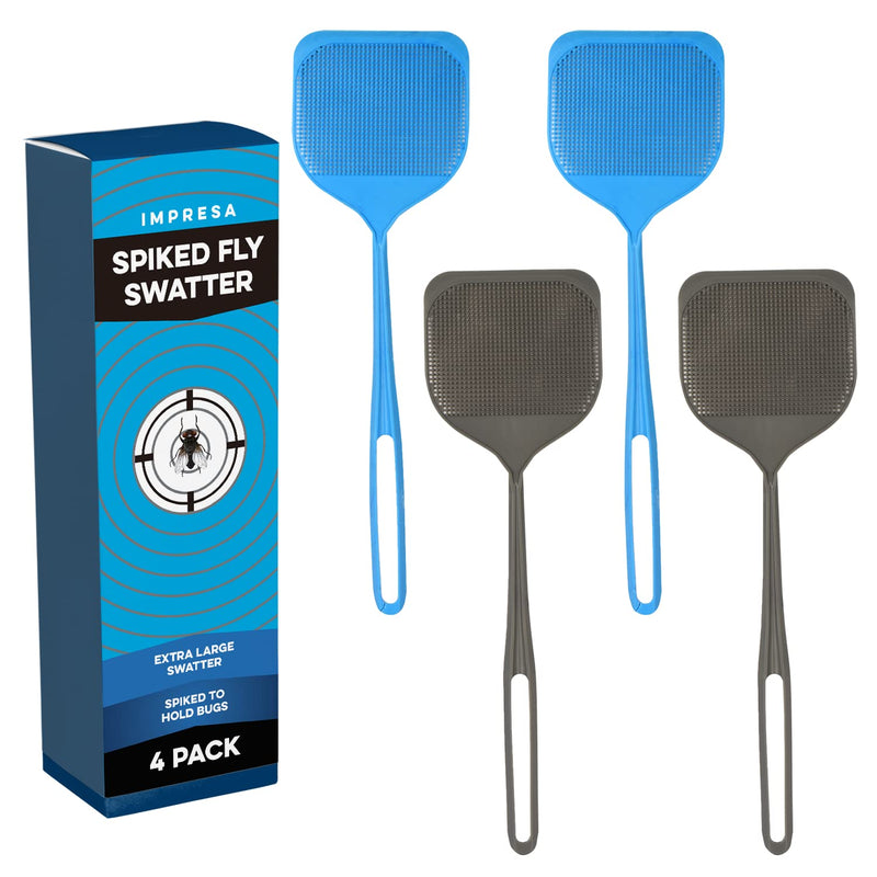 [Australia] - IMPRESA [4 Pack] Extra Large Spiky Fly Swatter for Indoors & Outdoors - Blue & Grey Plastic - Spiked Fly Swatters Multi Pack for Easy Bug Disposal - Bulk Pack - 5'' Smashing Surface 