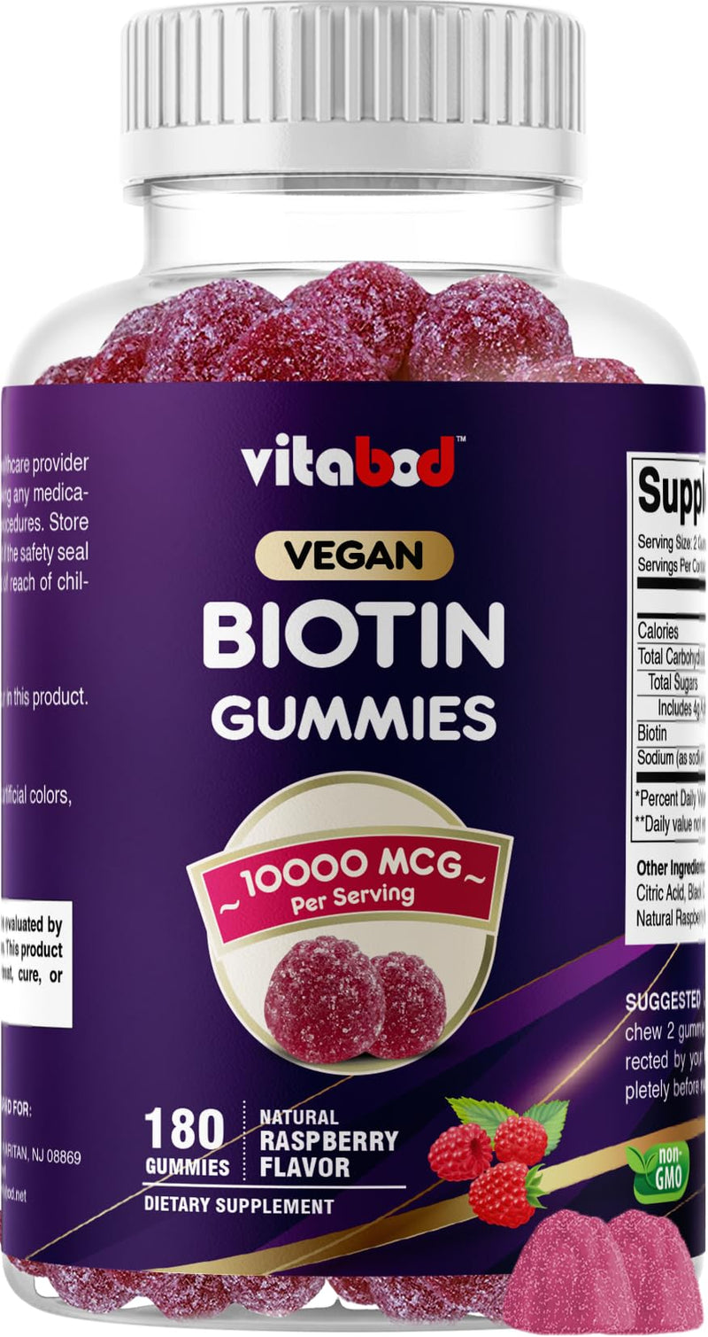 Vitabod Biotin Gummies 10,000 mcg – 180 Vegan Gummies Hair, Skin & Nails Support for Women, Men & Kids – Non-GMO, Gluten-Free, Delicious Flavor