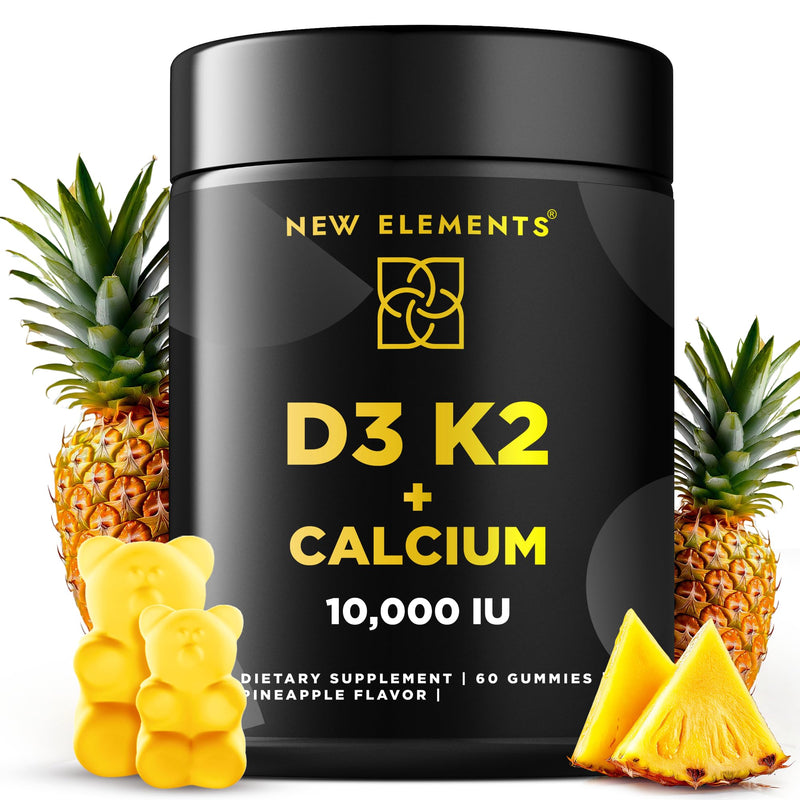 New Elements Vitamin D3 K2 Gummies 10000 IU with Calcium 100mg - VIT D3 for Adults - Mk7 Vitamin K2 100mcg - Vitamin D Supplement for Men & Women - Vegan Gluten Free Non-GMO 60 Count (Pack of 1)