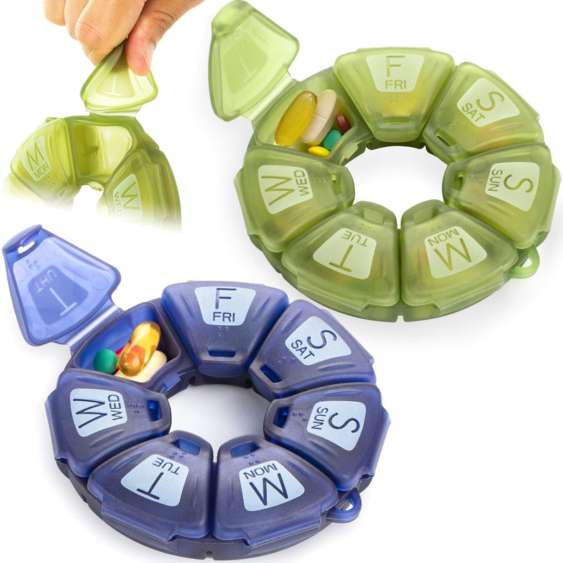 2-Pack Round Weekly Pill Organizer, Soft-Touch Silicone, Travel Pill Case | 7 Large Compartments, Pill Cases Organizers 7 Day with Large Letters and Braille for Vitamins & Supplements (Olive and Blue) Olive and Blue