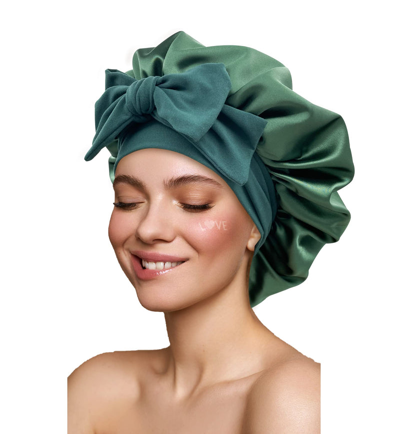 [Australia] - Satin Silk Hair Bonnet for Sleeping Large Bonnets with Tie Band Hair Wrap with Adjustable Straps Hair Cap Night Sleep Caps for Women Curly Braid Hair Hunter Green 