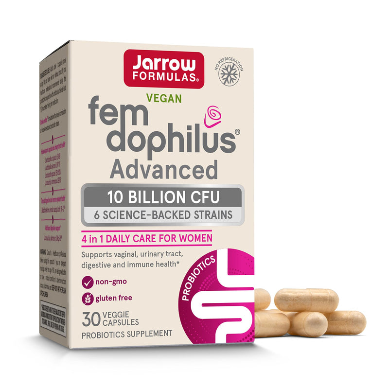 [Australia] - Jarrow Formulas Fem-Dophilus Advanced Probiotics 10 Billion CFU With 6 Science-Backed Strains, Dietary Supplement for Vaginal, Urinary Tract and Digestive Support, 30 Veggie Capsules, 30 Day Supply 
