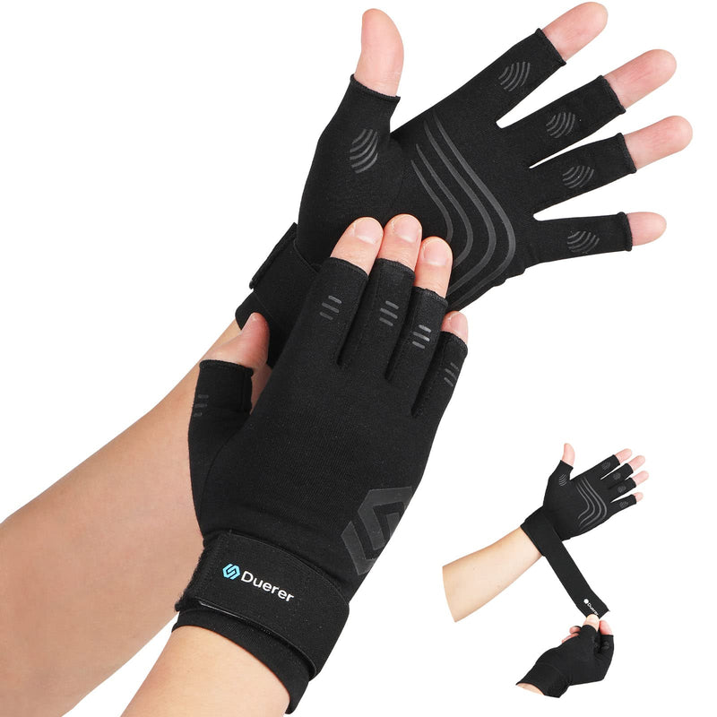[Australia] - Duerer Arthritis Compression Gloves with Straps, Women Men for RSI, Carpal Tunnel, Rheumatoid, Tendonitis, Hand Pain, Hand Support. Fingerless Gloves for Computer Typing and Daily work (Black, S) Small (1 Pair) Black 