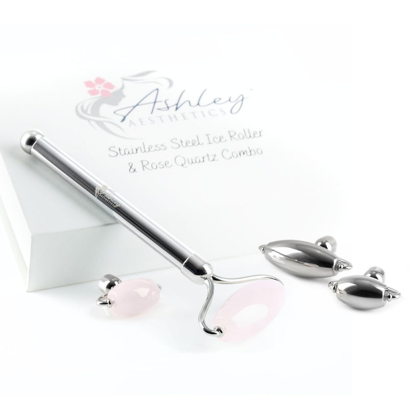 Stainless Steel Ice Roller & Rose Quartz Facial Set | Luxury Skin Care Tools for Lymphatic Drainage, Product Absorption, Skin Tightening, & Relaxation