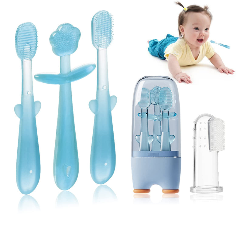 [Australia] - FOKiiBO Baby Silicone Toothbrush Set, Toothbrush + Tongue Brush + Baby Teether + Finger Toothbrush with Cup for Training Teething, 0-18M Infant Toddler Newborn Baby Teeth Brushes (Blue) Blue 