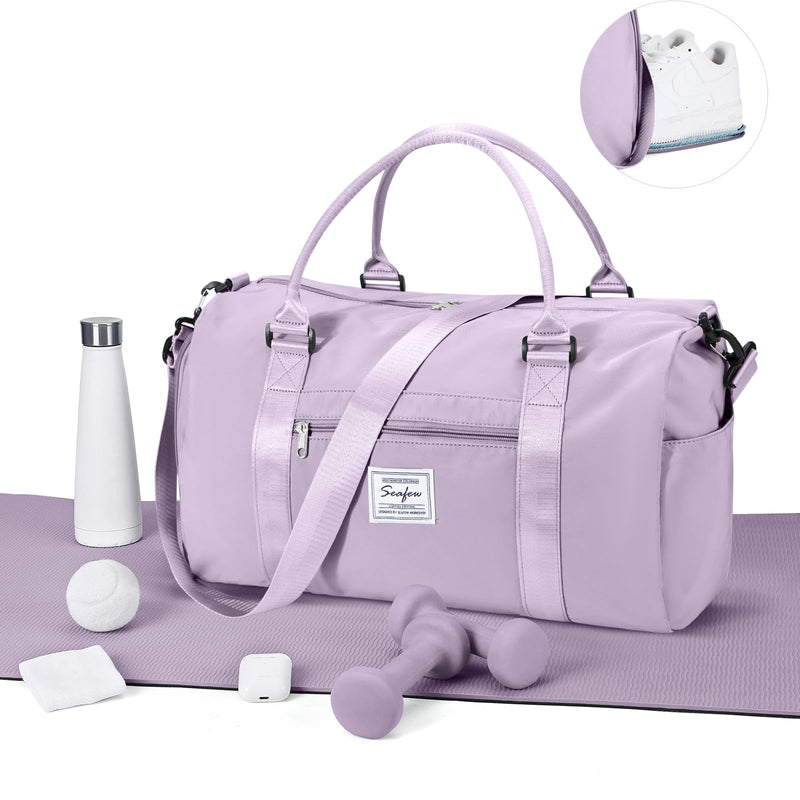 Gym Bag for Women Men with Shoes Compartment,Sports Duffle Bag Personal item travel Duffel Bags Tote Bag Small Carry on Weekender Overnight Bag Workout Dance Bag Hospital Holdalls Light Purple A13-Light Purple