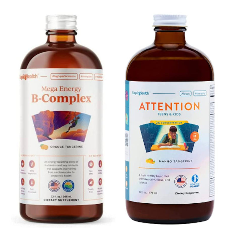 LIQUIDHEALTH Mega Energy B-Complex & Attention Teens & Kids Liquid Vitamin Bundle for Children - Improve Focus & Concentration, Boost Mood, Increase Natural Energy Levels - Vegan, Non-GMO, USA Made