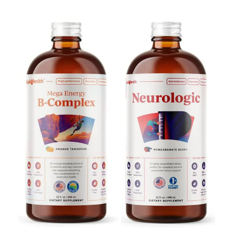 LIQUIDHEALTH Mega Energy B-Complex & Neurologic Nootropic Liquid Supplement Bundle for Adults - Increase Natural Energy Levels, Improve Memory, Alertness & Focus, Boost Mood - Vegan, Non-GMO, USA Made