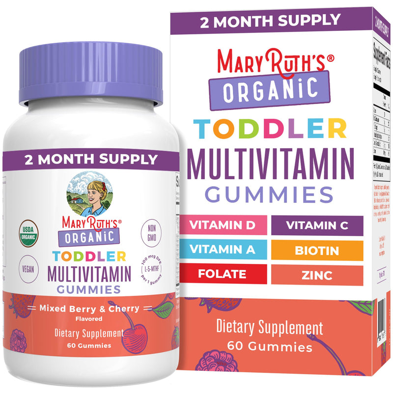 MARYRUTH'S Organic Toddler Multivitamin Gummies, 2 Month Supply, Ages 2+ | Vitamin A, C, D, E, B6, B12, Biotin, Iodine, Zinc, Immunity, Bone & Teeth Health, Skin & Vision Support 60 Count (Pack of 1)