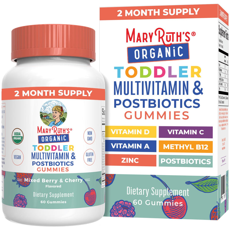 MARYRUTH'S Organic Toddler Multivitamin Gummies + Postbiotics, 60 Servings | USDA Organic, For Kids Ages 2+, Immune Support, Vitamin C, D3, A, Zinc, Vegan, Non-GMO